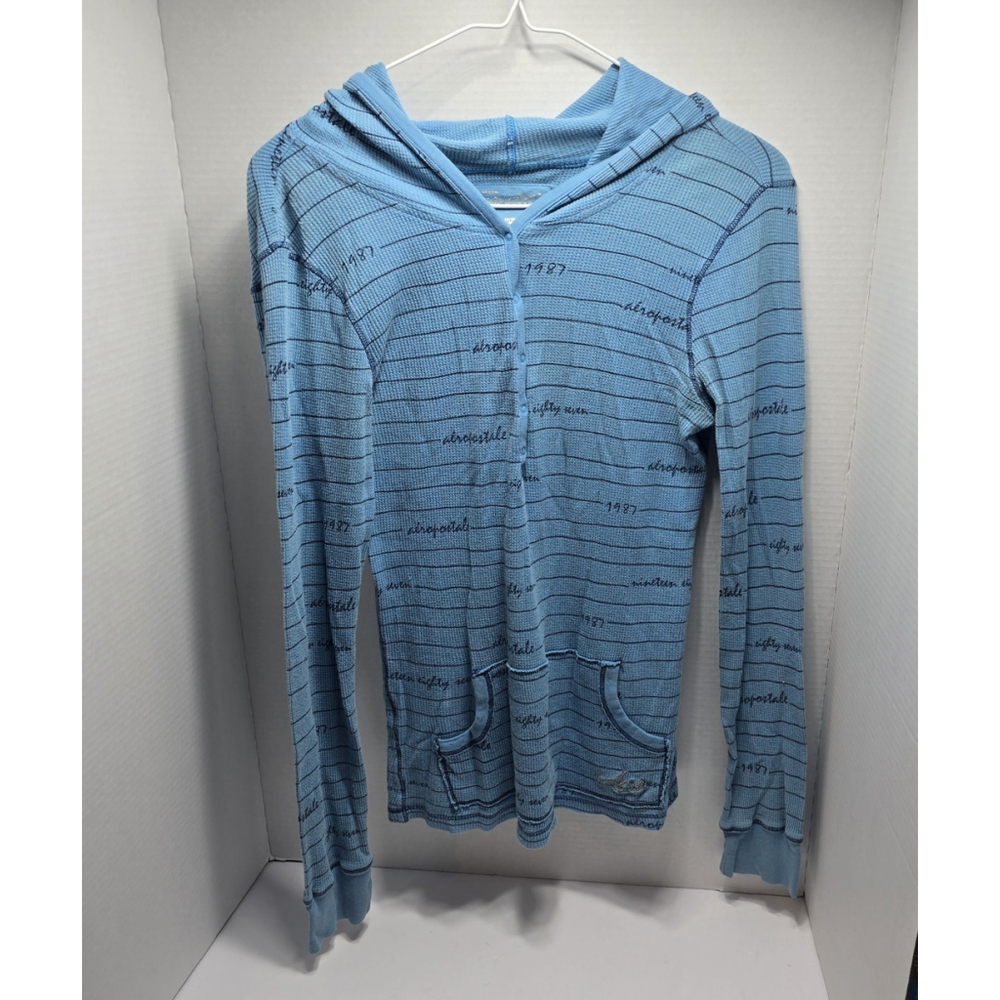 Aeropostale Hooded Long Sleeve Shirt Light Blue Distressed Vtg Lg